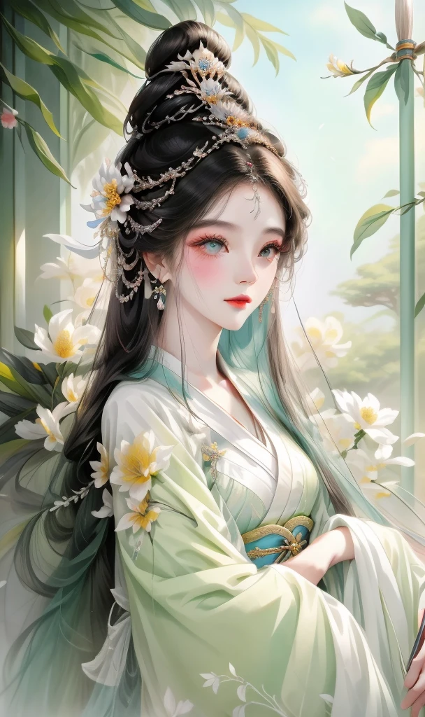 Close-up of woman with flowers in hair, Beautiful fantasy queen, ((Beautiful fantasy queen)), ancient Chinese Princess, Beautiful character painting, palace ， Girl wearing Hanfu, Inspired by Qiu Ying, Inspired by Lan Ying, Chinese Princess, Chinese Queen, Ancient Asian Dynasty Princess, Chinese Beauty, Chinese Art Style