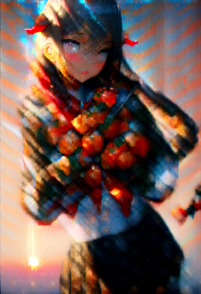 1girl, naoto \(tulip\), official art, absurdres, ahoge, kantai collection, shigure \(kancolle\), shigure kai ni \(kancolle\), ahoge, black gloves, black hair, black serafuku, black shirt, black skirt, blue eyes, braid, cowboy shot, fingerless gloves, food, fruit, gloves, gradient sky, hair flaps, hair over shoulder, holding, long hair, looking at viewer, mandarin orange, neckerchief, red neckerchief, , serafuku, shirt, single braid, skirt, sky, solo, sunrise, ((very aesthetic, best quality, ultra detailed))
