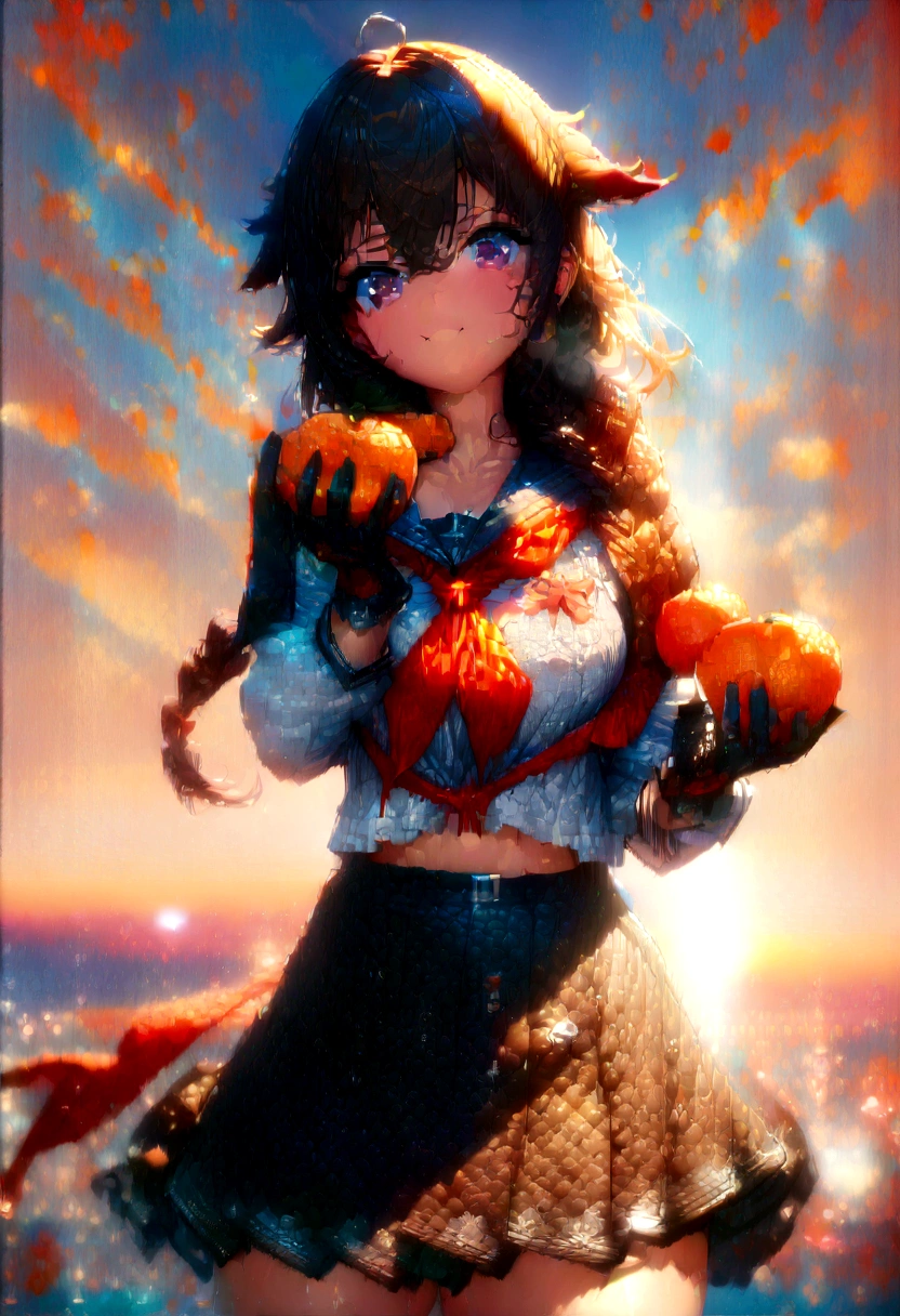 1girl, naoto \(tulip\), official art, absurdres, ahoge, kantai collection, shigure \(kancolle\), shigure kai ni \(kancolle\), ahoge, black gloves, black hair, black serafuku, black shirt, black skirt, blue eyes, braid, cowboy shot, fingerless gloves, food, fruit, gloves, gradient sky, hair flaps, hair over shoulder, holding, long hair, looking at viewer, mandarin orange, neckerchief, red neckerchief, , serafuku, shirt, single braid, skirt, sky, solo, sunrise, ((very aesthetic, best quality, ultra detailed))
