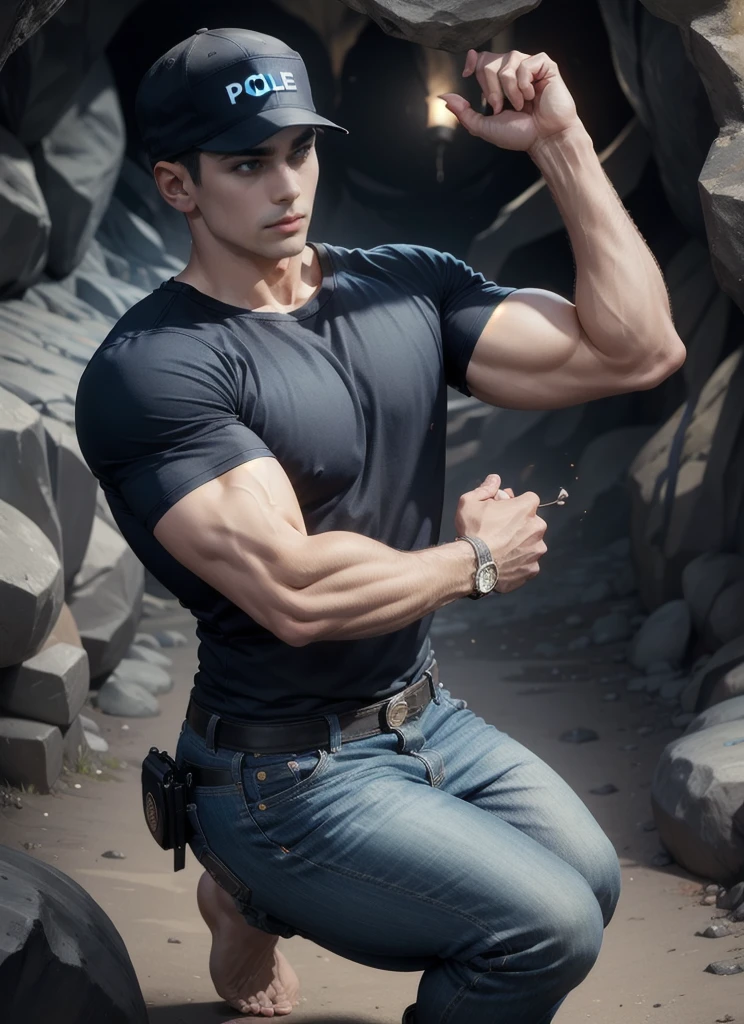 (Man walking in the city in the middle of the road),(crew cut hair:1.3),black eye,(Wear a fitted round neck t-shirt in navy with a police badge.:1.5),(fit neck),Navy blue jeans,(black_gloves:1.2),Korean guy,chest muscles,large arm muscles,blood vessel,Big muscles,Broad shoulders,(open mouth:1.1),(open eyes:1.3),(cave dungeon:1.5),(full_shot:1.3),(wide_shot:1.3),(It's dim.:1.4)