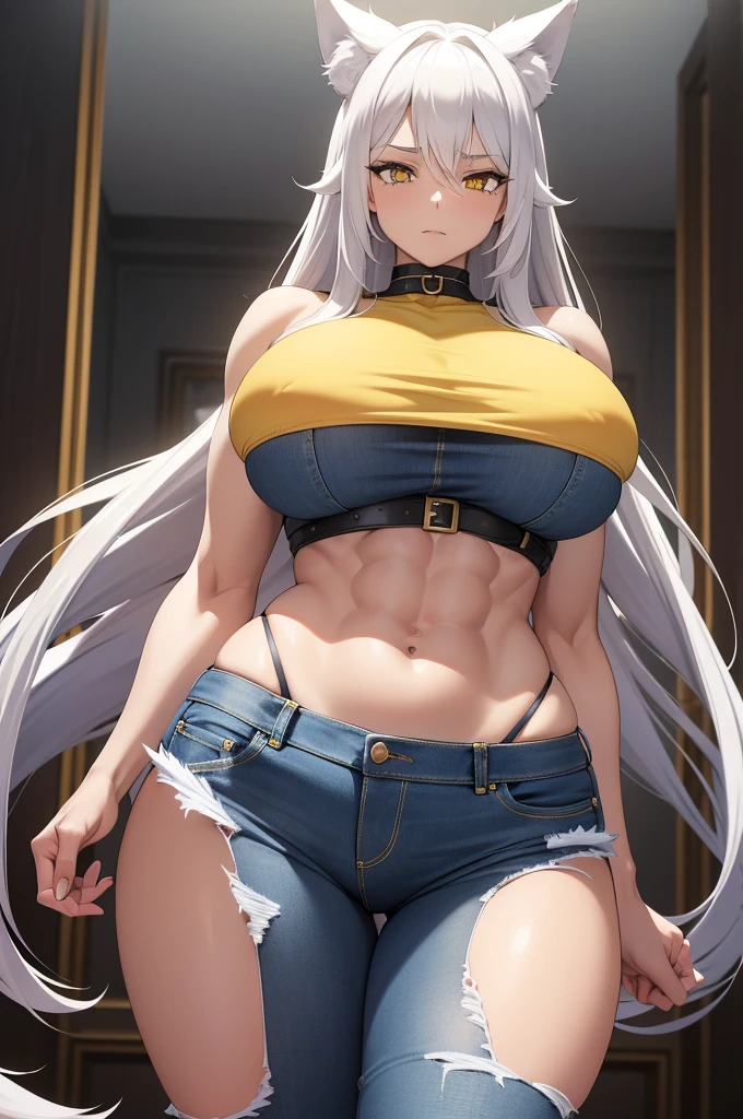 Masterpiece, hi res, absurdres, Best Quality, 4K, detailed, 1girl, female, Mature woman, large points wolf ears on top of head, wolf tail, yellow eyes, stoic face, tall, dark blue micro bikini, ragged jeans, long elbow length white hair, muscular, abs, huge breasts, close to viewer, looking down to viewer