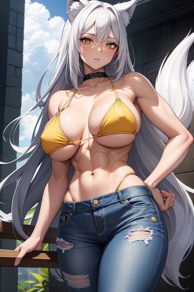 Masterpiece, hi res, absurdres, Best Quality, 4K, detailed, 1girl, female, Mature woman, large points wolf ears on top of head, wolf tail, yellow eyes, stoic face, tall, dark blue micro bikini, ragged jeans, long elbow length white hair, muscular, abs, huge breasts, close to viewer, looking down to viewer 