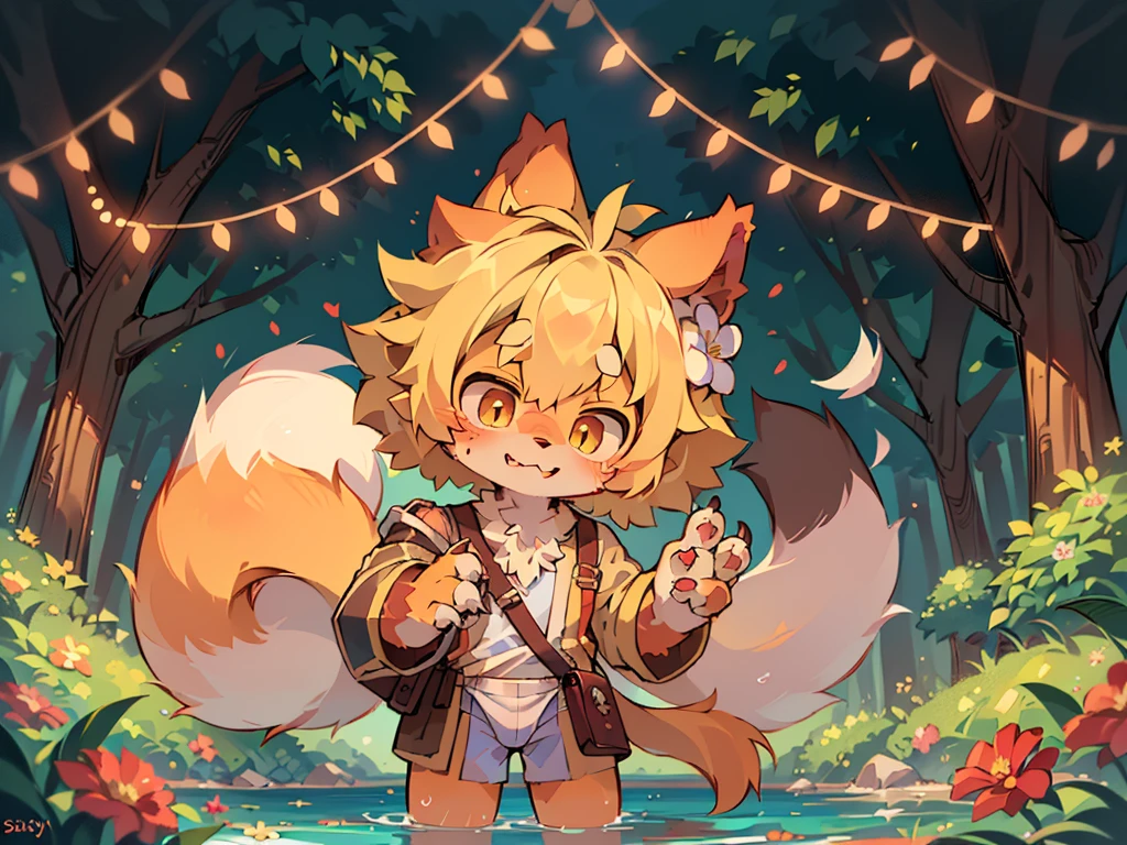 masterpiece,high quality,abstract res,number\(artwork\), From dagasi, Yes,Seizan,(Flower Charcoalo,蓬松的fur,character focus:1.1),Flower Charcoalo male cat,short hair,portrait , Bright eyes, panoramic, character focus.(Detailed background:0.7), solo, hairy, hairy male, Male focus, 时光的masterpiece,high quality,abstract res,number\(artwork\), From dagasi, Yes,Seizan,(Flower Charcoalo,蓬松的fur,character focus:1.1),Human male fox,Bright eyes, panoramic, character focus.(Detailed background:0.6), solo, hairy, hairy male, Male focus, Flower Charcoal,(全身hairy, hairy的尾巴)fur,A -year boy,e,Hip bulge,Toddler,Blood-red pupils,A tail with a white tip,The ends of the limbs are white,cute的肉垫,Claw,cute的男孩们,The ear tips are orange,Big hairy ears,hairy的大尾巴,Reasonable composition,Pale yellow hair,adventurer clothing,Brown cloth bag,In the woods,Extremely fine water,White loincloth,Slightly reddened,Dress coolly,金色short hair,Thin children,Blonde hair,cute的孩子,cute小冒险家,Be open-minded,Ultra-clear。