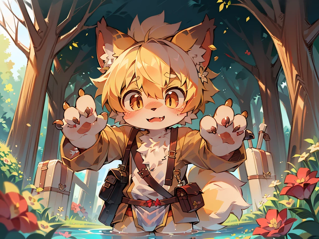 masterpiece,high quality,abstract res,number\(artwork\), From dagasi, Yes,Seizan,(Flower Charcoalo,Fluffy fur,character focus:1.1),Flower Charcoalo male cat,short hair,portrait , Bright eyes, panoramic, character focus.(Detailed background:0.7), 独奏, hairy, hairy male, Male focus, Masterpiece of time,high quality,abstract res,number\(artwork\), From dagasi, Yes,Seizan,(Flower Charcoalo,Fluffy fur,character focus:1.1),Human male fox,Bright eyes, panoramic, character focus.(Detailed background:0.6), 独奏, hairy, hairy male, Male focus, Flower Charcoal,(Hairy all over, Hairy tail)fur,A five-year-old boy,cute,Hip bulge,Toddler,Blood-red pupils,A tail with a white tip,The ends of the limbs are white,Cute meat pads,Claw,cute boys,The ear tips are orange,Big hairy ears,Hairy big tail,Reasonable composition,Pale yellow hair,adventurer clothing,Brown cloth bag,In the woods,Extremely fine water,White loincloth,Slightly reddened,Dress coolly,Blonde short hair,Thin children,Blonde hair,cute child,cute little adventurer,Be open-minded,Ultra-clear, crying, peeing on the floor, Pooping on the floor.