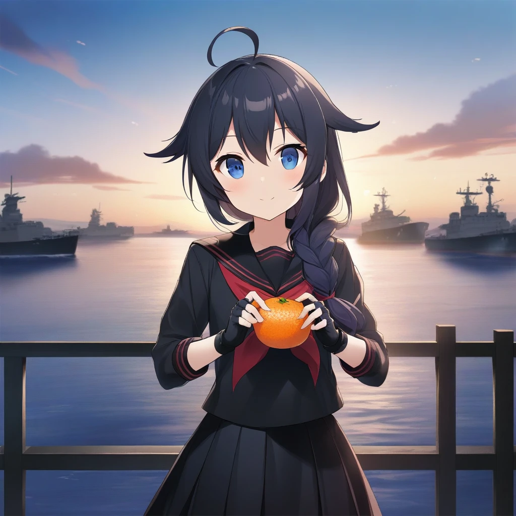1girl, naoto \(tulip\), official art, absurdres, ahoge, kantai collection, shigure \(kancolle\), shigure kai ni \(kancolle\), ahoge, black gloves, black hair, black serafuku, black shirt, black skirt, blue eyes, braid, cowboy shot, fingerless gloves, food, fruit, gloves, gradient sky, hair flaps, hair over shoulder, holding, long hair, looking at viewer, mandarin orange, neckerchief, red neckerchief, , serafuku, shirt, single braid, skirt, sky, solo, sunrise, ((very aesthetic, best quality, ultra detailed))
