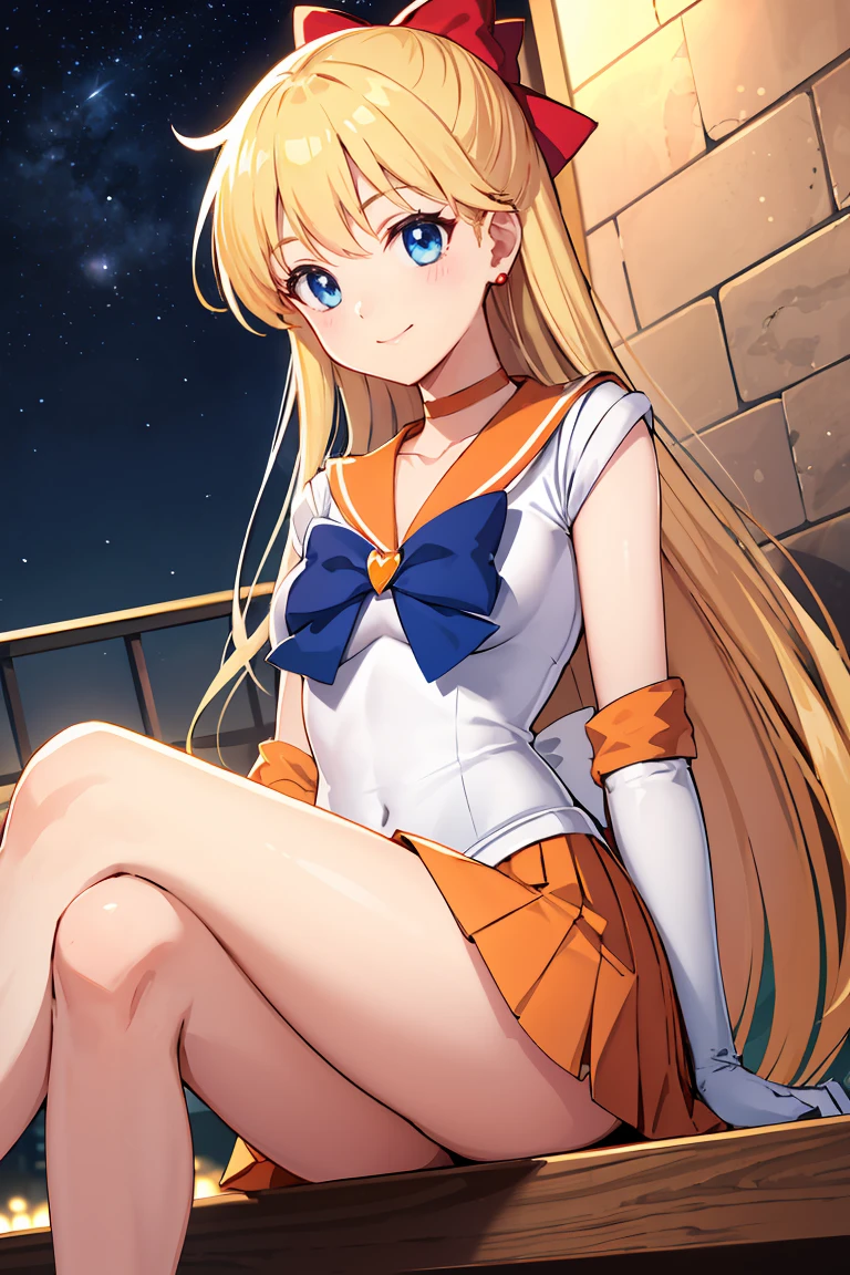 masterpiece, Highest quality, High resolution, Venus 1, One girl, alone, Sailor Warrior Uniforms, Sailor Venus, aino minako, Blonde, Magical girl, blue eyes, Orange Skirt, Elbow hand pockets, tiara, Pleated skirt, Hair Ribbon, Orange sailor collar, mini skirt, choker, Red Bow, orange choker, White gloves, Very long hair,  jewelry,  Earrings, Sitting, Crossing your legs,Background is a park at night,smile