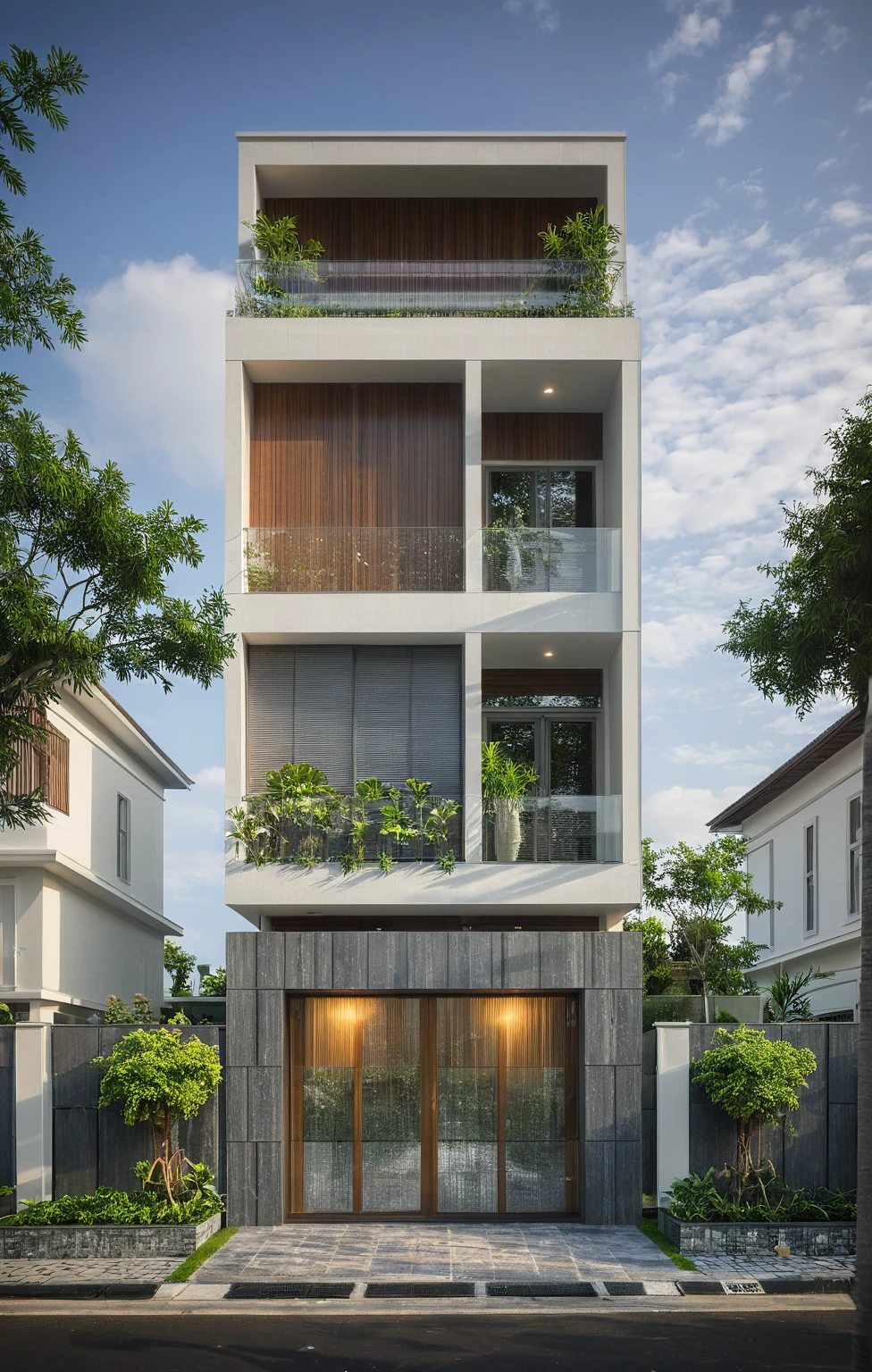 modern villa on street, (overcast lighting:1.2), tropical tree, vivid color, streetcapes, nice sky, grey and wwhite tone, (large glass door:1.2), warm interior lighting, modern material, best quality, ultra realistic, masterpiece, 17ArchiAI_XL_VL-v1
