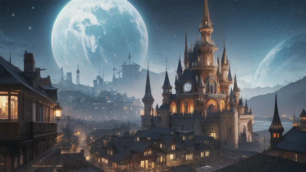 steampunk,Town,Futuristic,sf,night、beautiful、Fantasy