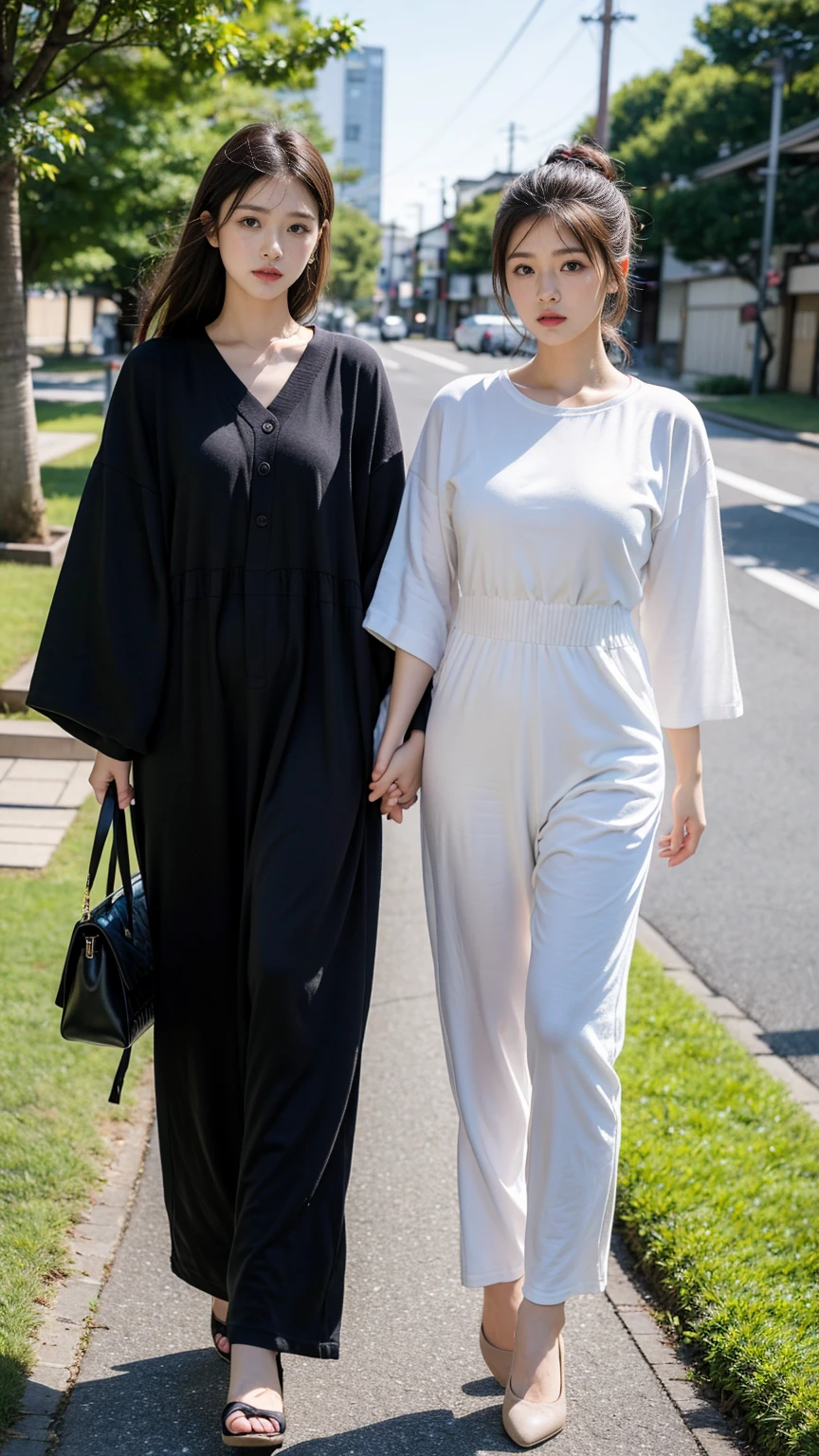 Highest quality,masterpiece,Ultra-high resolution,Original photo,Ultra-high resolution，Two beautiful women, Age 25:1.5，Clothing in Japan&#39;s Heisei Era，Long legs:1.5，whole body，Flashy makeup using red eyeshadow，Big smile，Short cut with side waves，whole body，Gray background，White bra，White panties