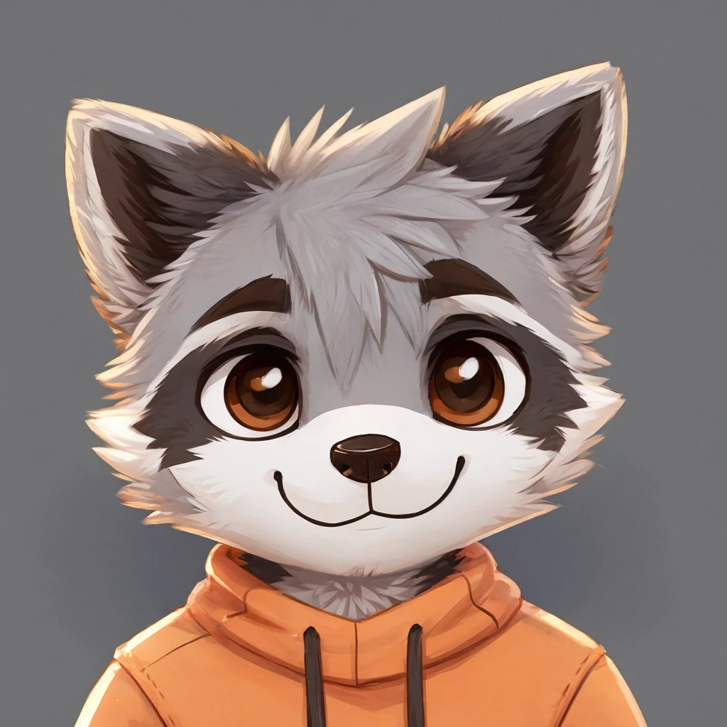headshot of a cute and grey fur anthropomorphic raccoon, closed smile, chibi style, he has brown eyes, grey ears, he's dressed with a jumper, high quality furry art, high quality fursona ref.
