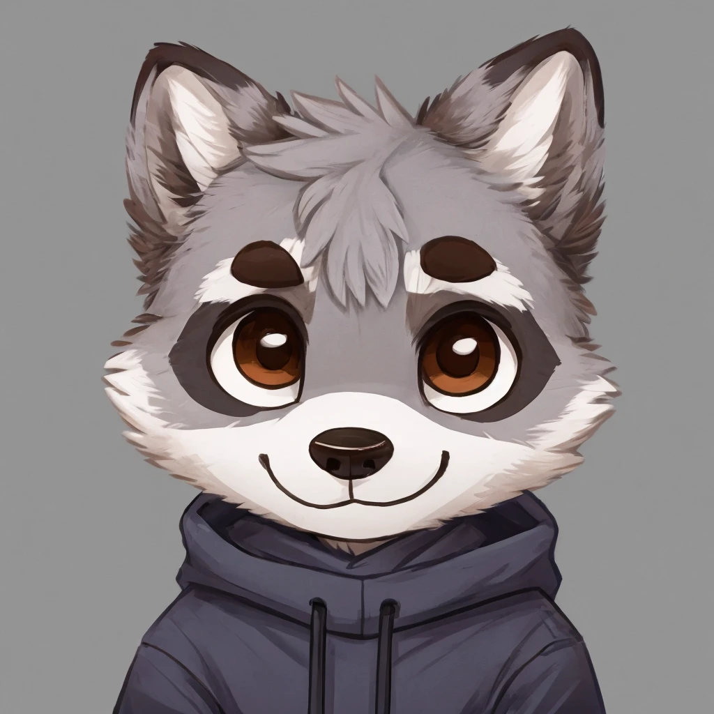 headshot of a cute and grey fur anthropomorphic raccoon, closed smile, chibi style, he has brown eyes, grey ears, he's dressed with a jumper, high quality furry art, high quality fursona ref.