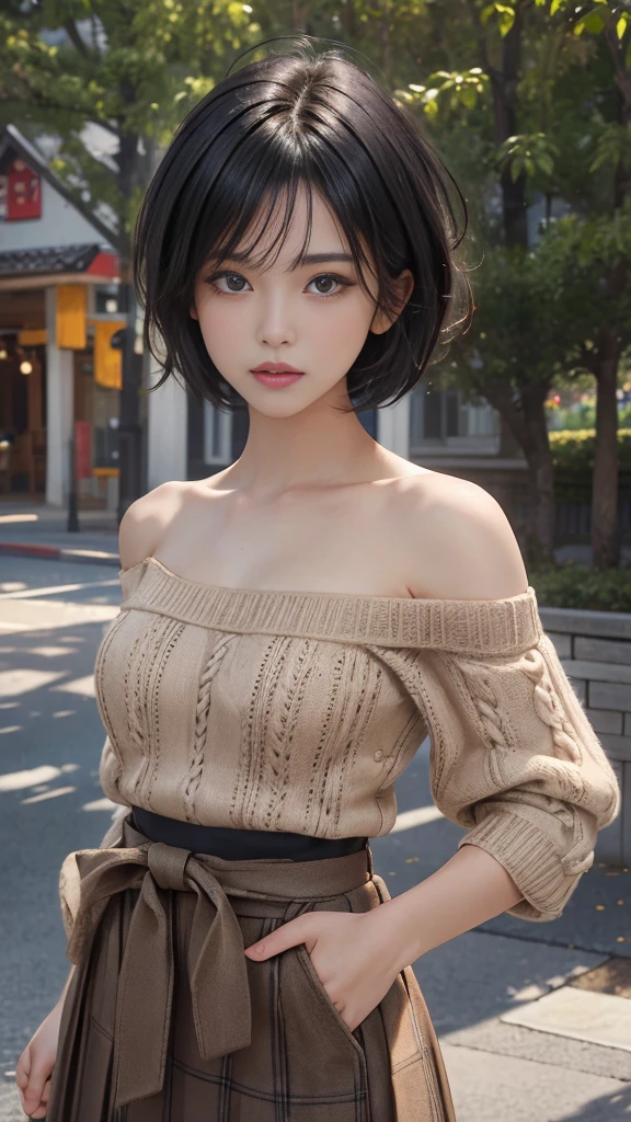 , Long winded [Blue-black:.3] hair,View your viewers, (masterpiece:1.3), (8K, Realistic, RAW Photos, Highest quality: 1.4), Japanese, (One girl), Beautiful Face, (Realistic Face), (black hair, short hair:1.3), beautiful hairstyle, Realistic eyes, Beautiful attention to detail, (Realistic Skin), Beautiful Skin, Charm, Ultra-high resolution, Ultra-realistic, Very detailed, Golden Ratio, She is wearing a beige, fluffy, loose, one-shoulder sweater., Are standing, Open Stance, Model pose, Checked skirt, Super detailed, Sharp focus, Ultra-sharp images,