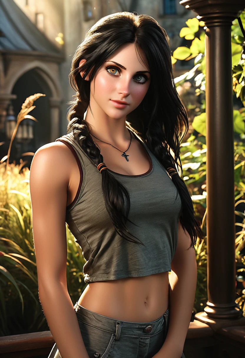 (Realisttic:1.2), analog photo style, (cute woman looking like Tifa Lockhart), (cute detailed face, intensed detailed eyes), (her full body s a visual pleasure), faint smile, soft shading, lifelike skin texture, sexy and seductive, dynamic, in motion, three dimensional effect, gloomy dark atmosphere, play of light in the sun rays, faded colours, great quality, Masterpiece, intricate fantasy background, naturally cinematic light, 16k quality, HDR, RAW photo