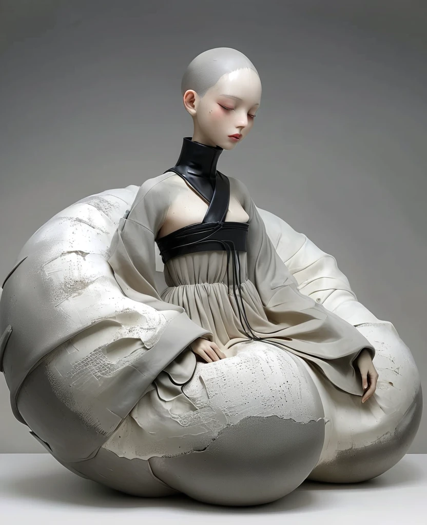 Hybrid Aesthetic Inflatable Jacket,Combined with the aesthetic of cinder block/Concrete and Carpentry/repair. Destroyed and with holes. Wrapped with steel bars. Block. Soft inflatable concrete set with many inflatable pockets,With wooden decoration. The garment should tell a story of use and decay. This dress was supposedly inspired by designer Rick Owens, high fashion model