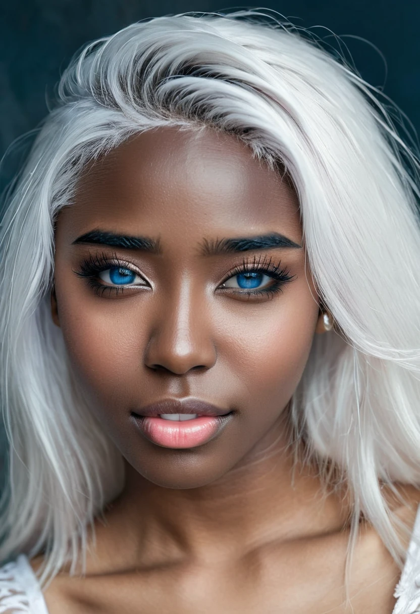 crying expression ,smile expression, angry expression, comely (((darkskin:1.2))) androgen:1.3, ((darkskin:1.2)), (((White hair))), ethereal darkskin beauty,blue piercing eyes,long flowing White hair,darkskin complexion,soft pink lips,sensual behavior,seducing gaze,pose  
