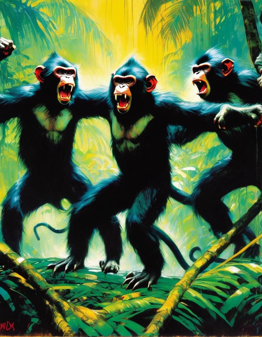 three angry monkeys fight wildly in a jungle (art inspired by Bill Sienkiewicz). oil painting)
