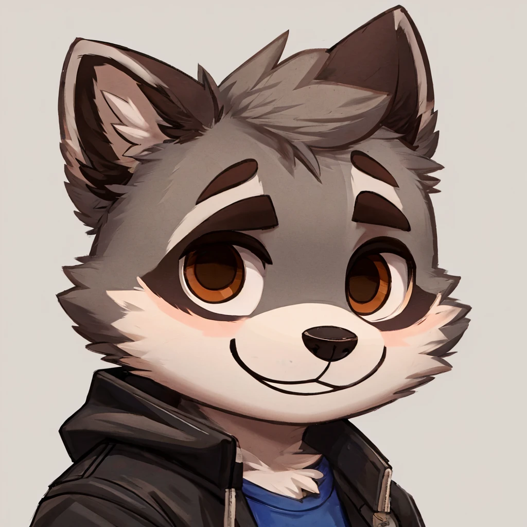 headshot of a cute and grey fur anthropomorphic raccoon, closed smile, chibi style, he has brown eyes, grey ears, he's dressed with a jacket, high quality furry art, high quality fursona ref.