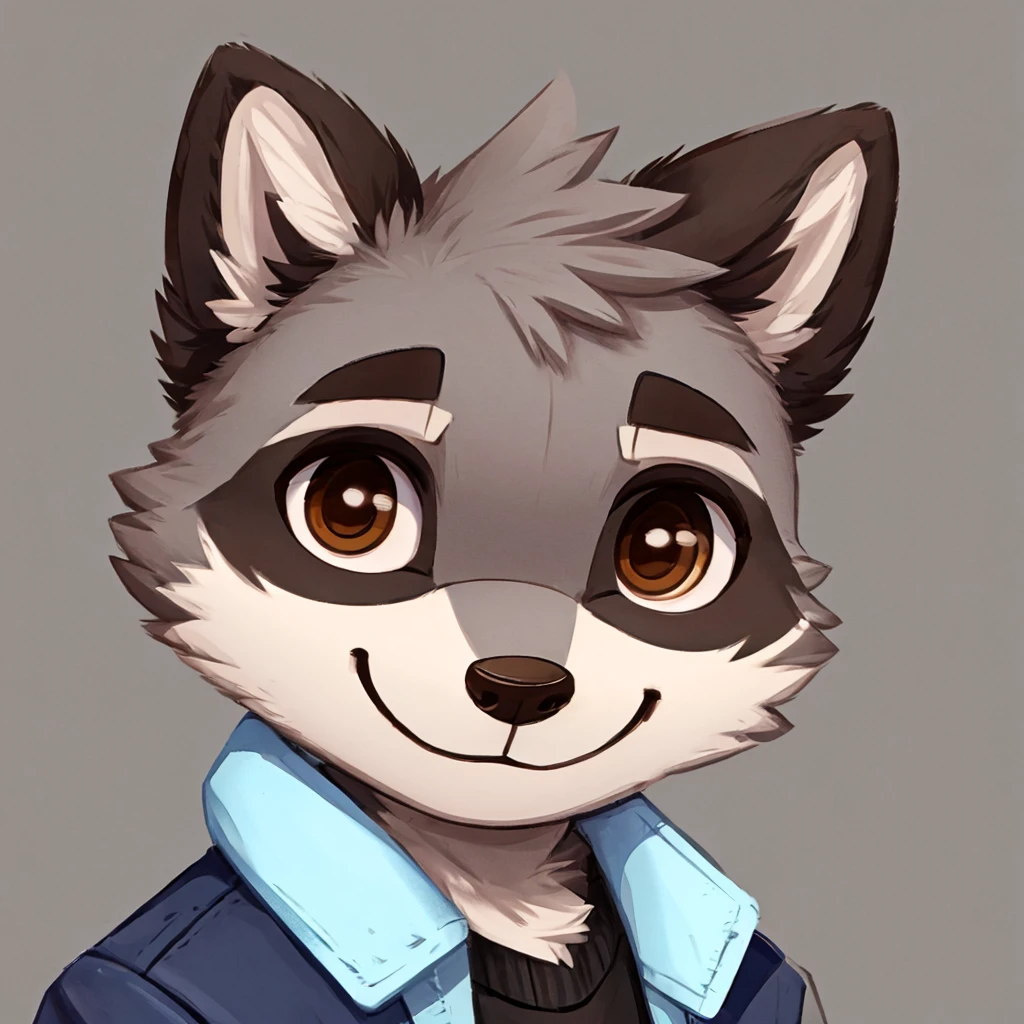 headshot of a cute and grey fur anthropomorphic raccoon, closed smile, chibi style, he has brown eyes, grey ears, he's dressed with a jacket, high quality furry art, high quality fursona ref.