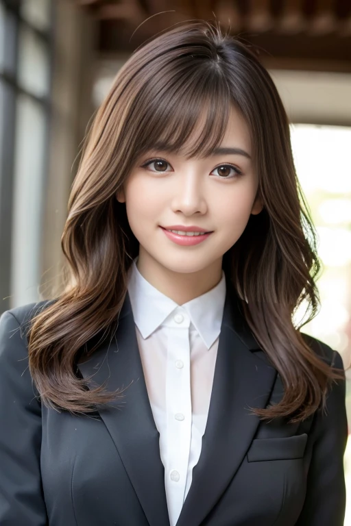 Tabletop、Highest quality、Genuine、Very detailed、finely、High resolution、8k wallpaper、One beautiful woman、、Light brown messy hair、Wearing a business suit、Sharp focus、Perfect dynamic composition、Beautiful attention to detail、Thin Hair、詳細なGenuineな肌の質感、smile、Close-up portrait、Model Body Type