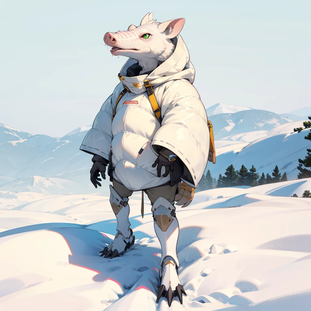 1character, Full body version, white Armadillo mixed with piq, green eyes, gold skins, Grassroots in snow,