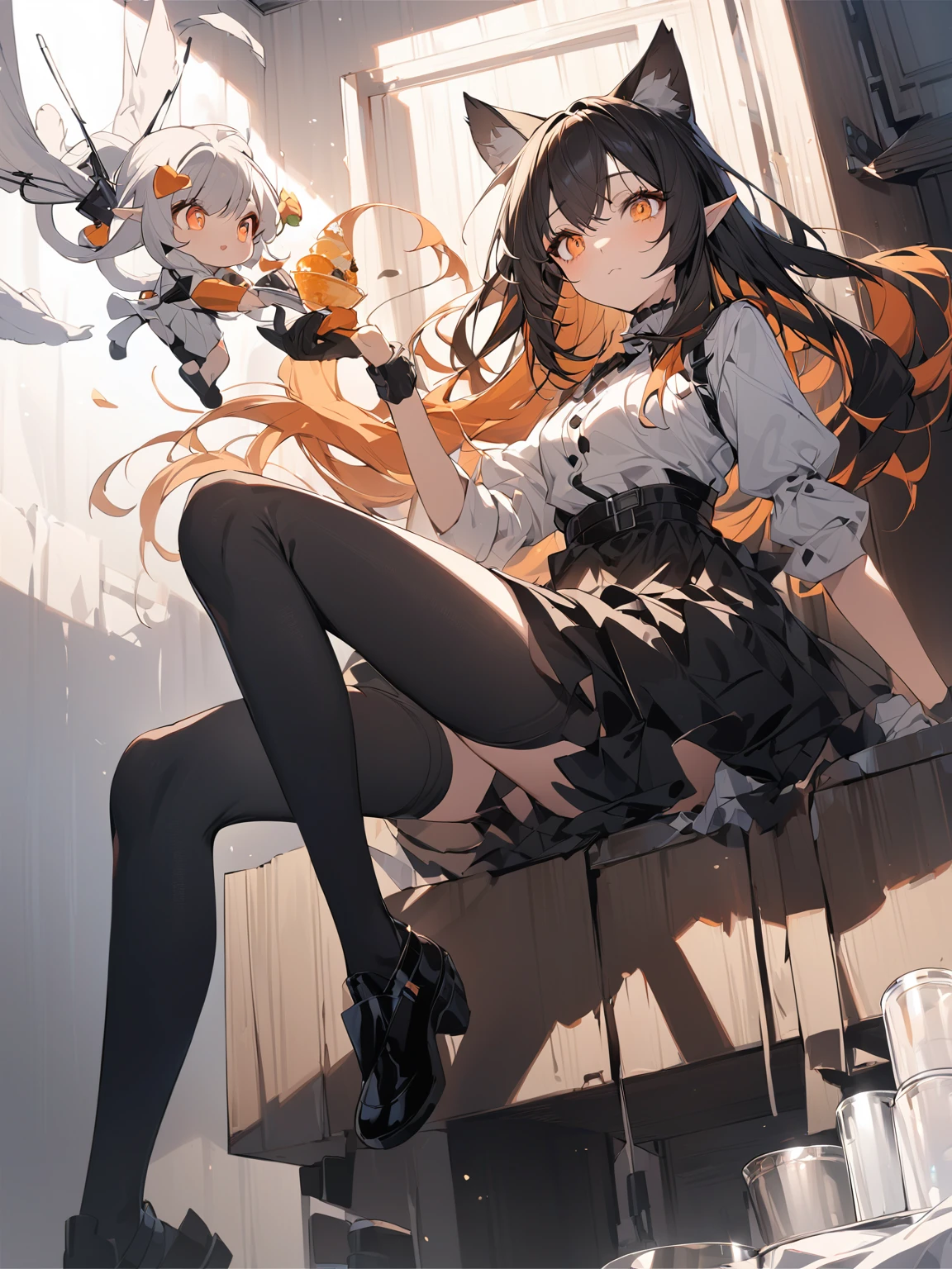 Slender anime girl,Black long hair,Bright orange eyes,Cat Ears Female Outfit,Black long sleeve,Sitting on the cupboard with legs crossed,There was a white elf holding a dessert flying beside her.,Arknights style,Light and shadow,masterpiece,Beautiful illustration wallpaper。