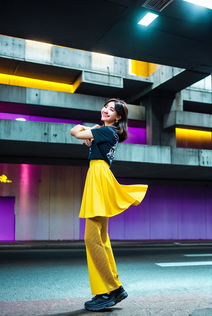 1. young woman、T-shirt and long skirt 2. open arms 3. Big smile 4. The color scheme is based on yellow and purple。
5. Urban style background、Inside a concrete and glass building。
style:
• Cyberpunk • High Resolution • Futuristic Lighting • Vibrant Colors Additional Details:
• The camera angle is from below looking up.。
• Wear street fashion。
• Photo-realistic textures。