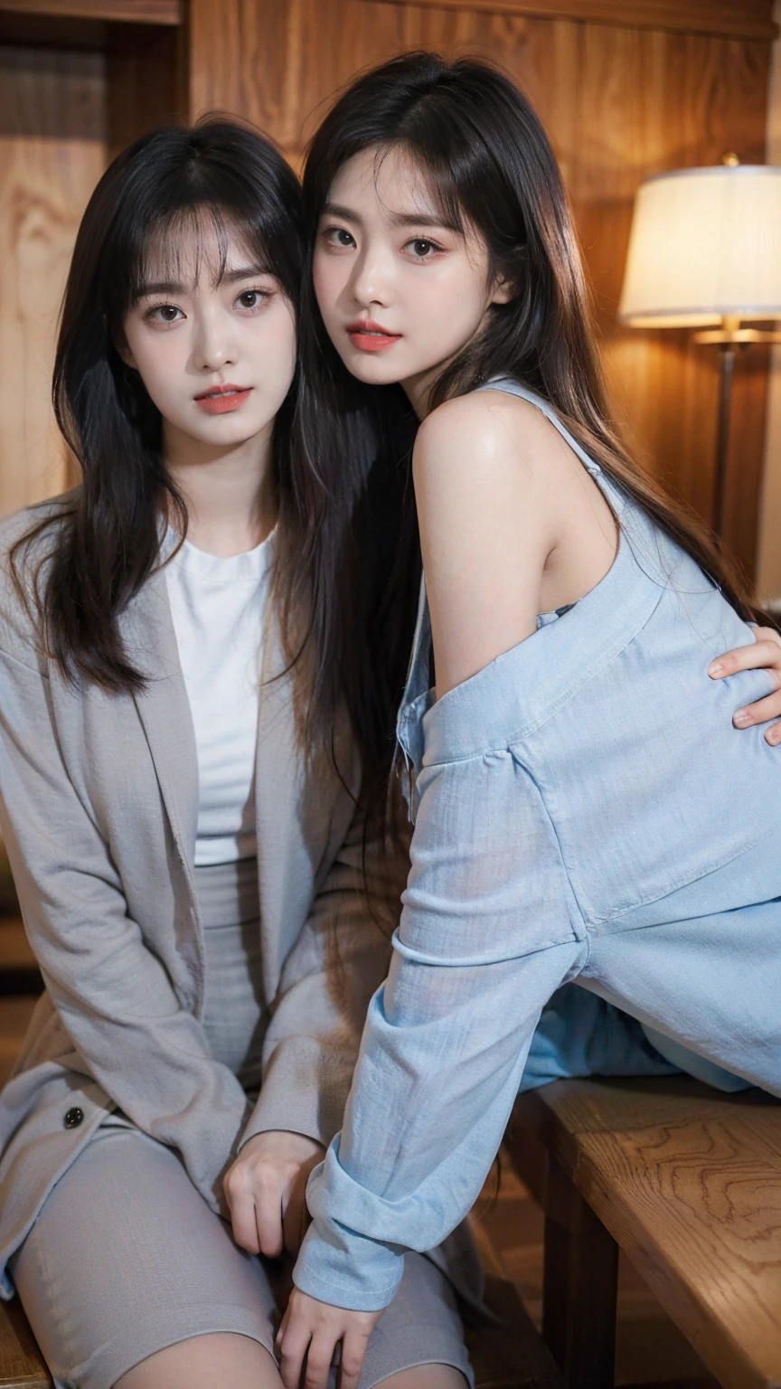 Highest quality,masterpiece,Ultra-high resolution,Original photo,Ultra-high resolution,Two beautiful women, Age 25:1.5,Clothing in Japan's Heisei Era,Long legs:1.5,whole body,Flashy makeup using red eyeshadow,Big smile,Short cut with side waves,whole body,Gray background,White bra,White panties