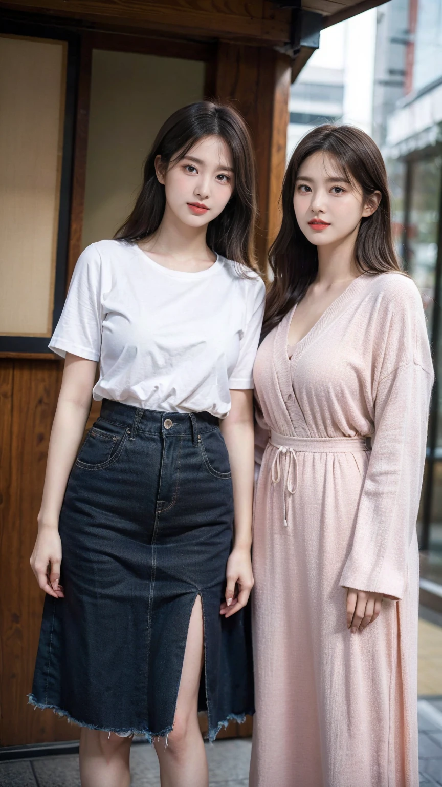 Highest quality,masterpiece,Ultra-high resolution,Original photo,Ultra-high resolution，Two beautiful women, Age 25:1.5，Clothing in Japan&#39;s Heisei Era，Long legs:1.5，whole body，Flashy makeup using red eyeshadow，Big smile，Short cut with side waves，whole body，Gray background，White bra，White panties