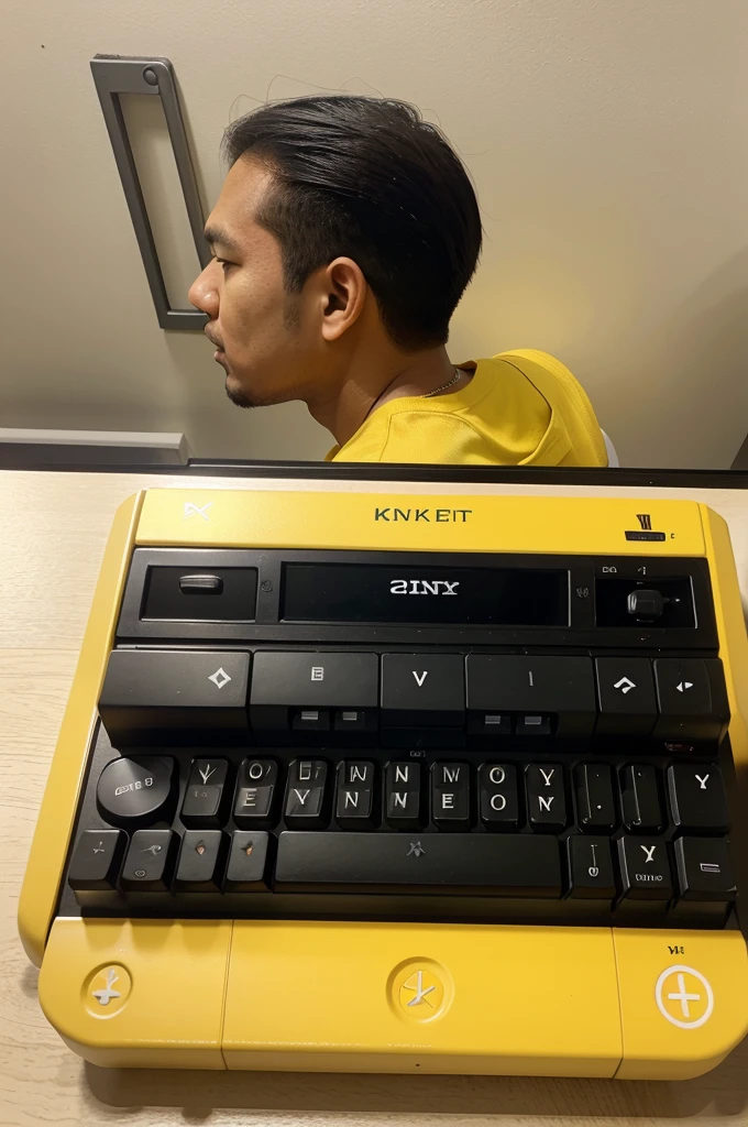 Bold and easy to read, maybe like sans-serif for a modern impression.
color: Bright yellow to highlight the name "Rental Coffee".
Image of PlayStation keyboard:

Image of PlayStation keyboard yang simpel dan mudah dikenali.
color: White to contrast with the yellow background.
background:

background sederhana atau transparan agar fokus pada teks dan gambar.