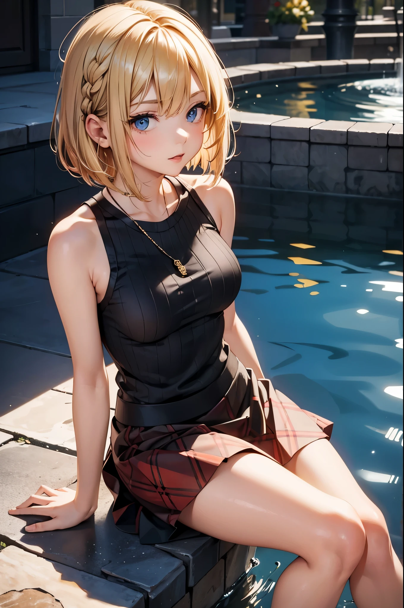 best quality, super fine, 16k, incredibly absurdres, extremely, cute European Caucasian woman, 24 years old, captivating look, aroused expression, blonde long bob cut, wearing Burberry checked skirt, black tank top sweater with braided pattern, superlative body proportion, sitting in fountain plaza, detailed eyes, beautiful face, depth of field, Octane Render