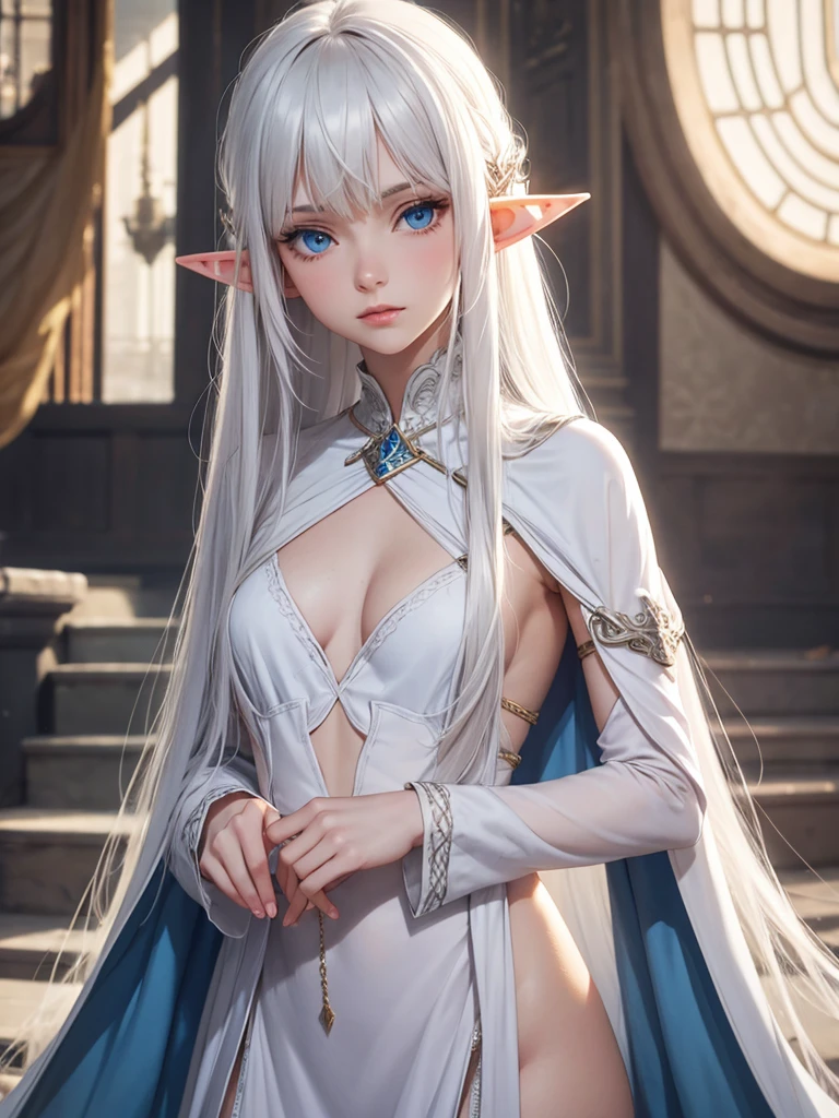 (best quality), 1girl, female, pale skin, white hair, long hair, swept bangs, straight hair, blue eyes, perfect eyes, , slender, flat chest, shy, (elf), pointed ears, fantasy dress, masterpiece, anatomically correct, highres