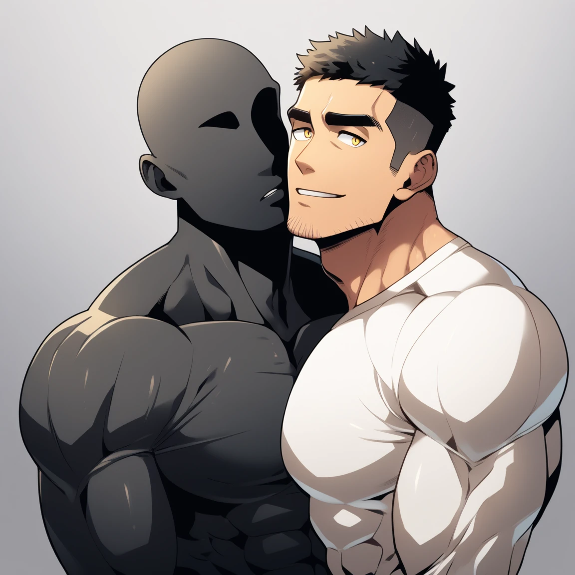 anime characters:Two superheroes in tights, Muscle Sports Student and Muscle No Face No Eyes skinhead superhero, No Face,negro black skin, They hugged and kissed each other, Bite your neck, Caress, Manliness, male focus, Yellow and black high collar long sleeve tight T-shirt, Slightly transparent material, Very tight, Round, full and perky chest muscles, Muscle waist, Slightly transparent, muscular male, muscular, only, Upper body, alone, Black short hair, Thick eyebrows, stubble, Yellow eyes, Grey background, simple background, amazing quality, best aesthetics, Ridiculous, bright pupils, crew cut, parted lips, seductive smile, torogao, naughty face, drop shadow, best quality
