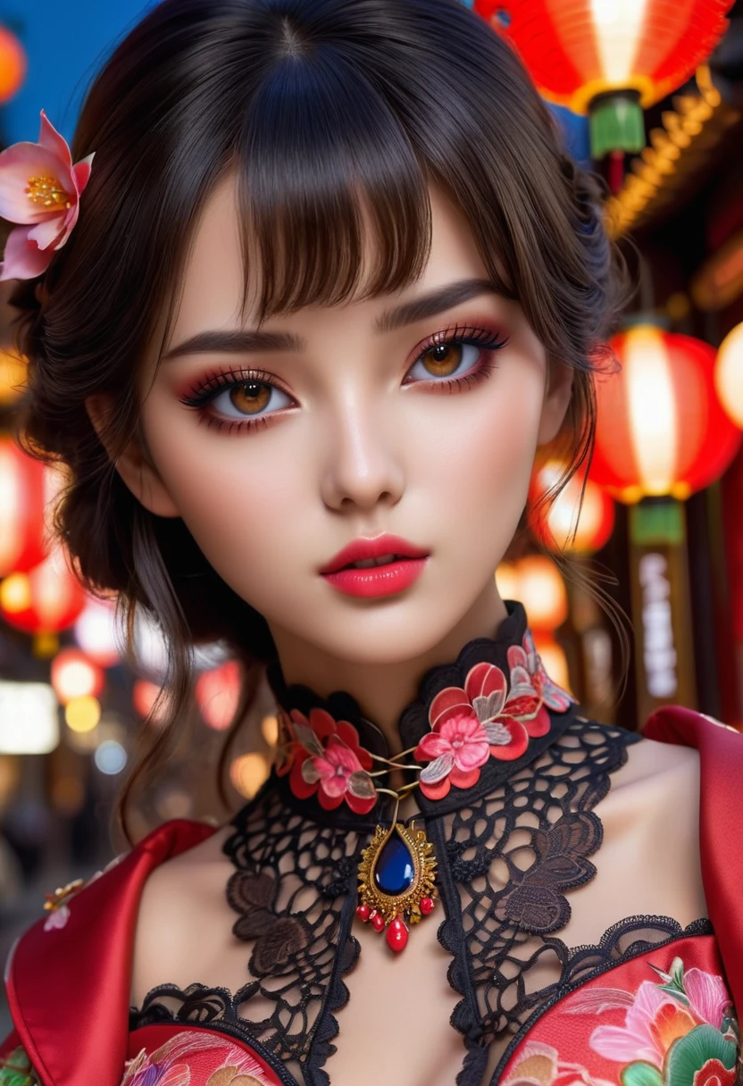 Divide Ratio : 1,1,1 Base Ratio: photorealistic in 32K quality, Fantasy, Artistic, A delicate fairy with mature features, puffy lips, and stunning realistic eyes, (ultra absurd quality, extremely detailed detail, ultra resolution, clear sharp focus, not blurry, (Realistic brown_eyes:1.3))), perfect dark_eyeshadows:1.2, a (girl 22-year-old),fashion supermodel,(best high quality real texture skin:1.4),(ebony skin female),(best quality texture hair:1.4),BREAK,((black hair (slicked to the side) Intricately detailed:1.35)),night((outside,in the Chinatown at night:1.3)),(best high quality:1.4),(soft neon lighting on the face and body),(perfect proportions),(anatomically correct),(perfect female body:1.4),(firm big full breasts:1.4),slim face,beautiful cheekbones,((slim,swell-muscled body:1.3)),(Insanely beautiful face),(realistic face),(Insanely detailed face),((super realistic sharp-eyes)), (tired and sleepy and satisfied:0.0), (close up of a woman's eyes), perfect round eyes, finely detailed pupils,BREAK,detailed lips:1.3,(pink_makeup:1.35),(red_lipstick:1.28),(perfect dark_eyeshadows:1.3),(Insanely detailed makeup on eyes:1.3), iridescent eyes, with professional makeup, vibrant eyes:1.2, (Detailed nose:1.2),BREAK,((Insanely detailed red((cut jacket cute)) wear:1.24)),small head:1.4,BREAK,(long white-black lace dress((lace-up dress with Intricately detailed:1.3))),(random u%u top:1.25),exquisite balance of shadows,perfect composition,(shot above the knee:1.3),look at the viewer,(from below:1.3),((show high exposed thighs:1.3)), Hasselblad, 85mm f/4.0