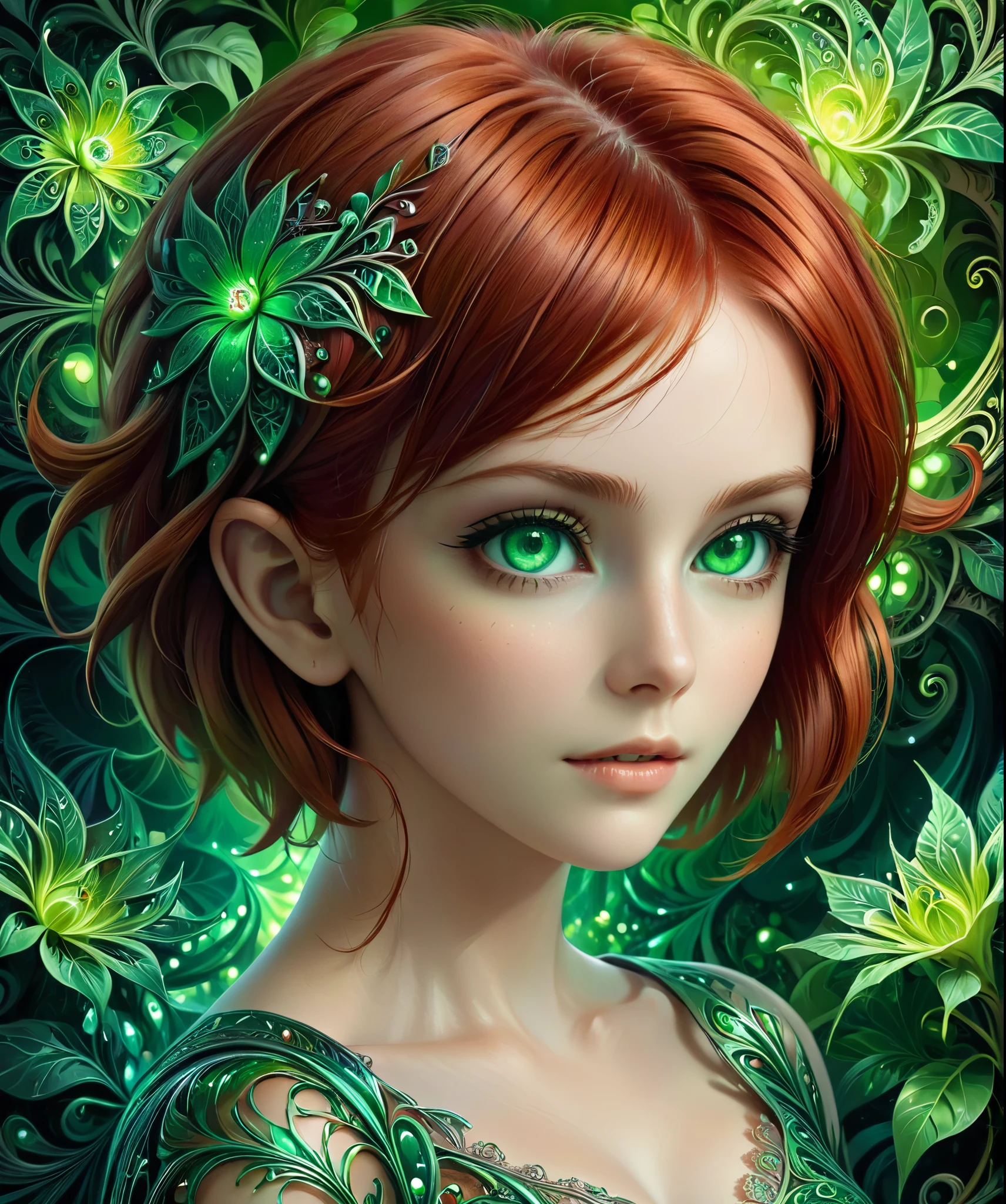 (masterpiece, top quality, top quality, official art, Beautiful、aesthetic:1.2), (Short , Red hair, green eyes girl ), Very detailed,(fractal art:1.3),Colorful,The most detailed, Background with fractals and various details of flowers and greenery