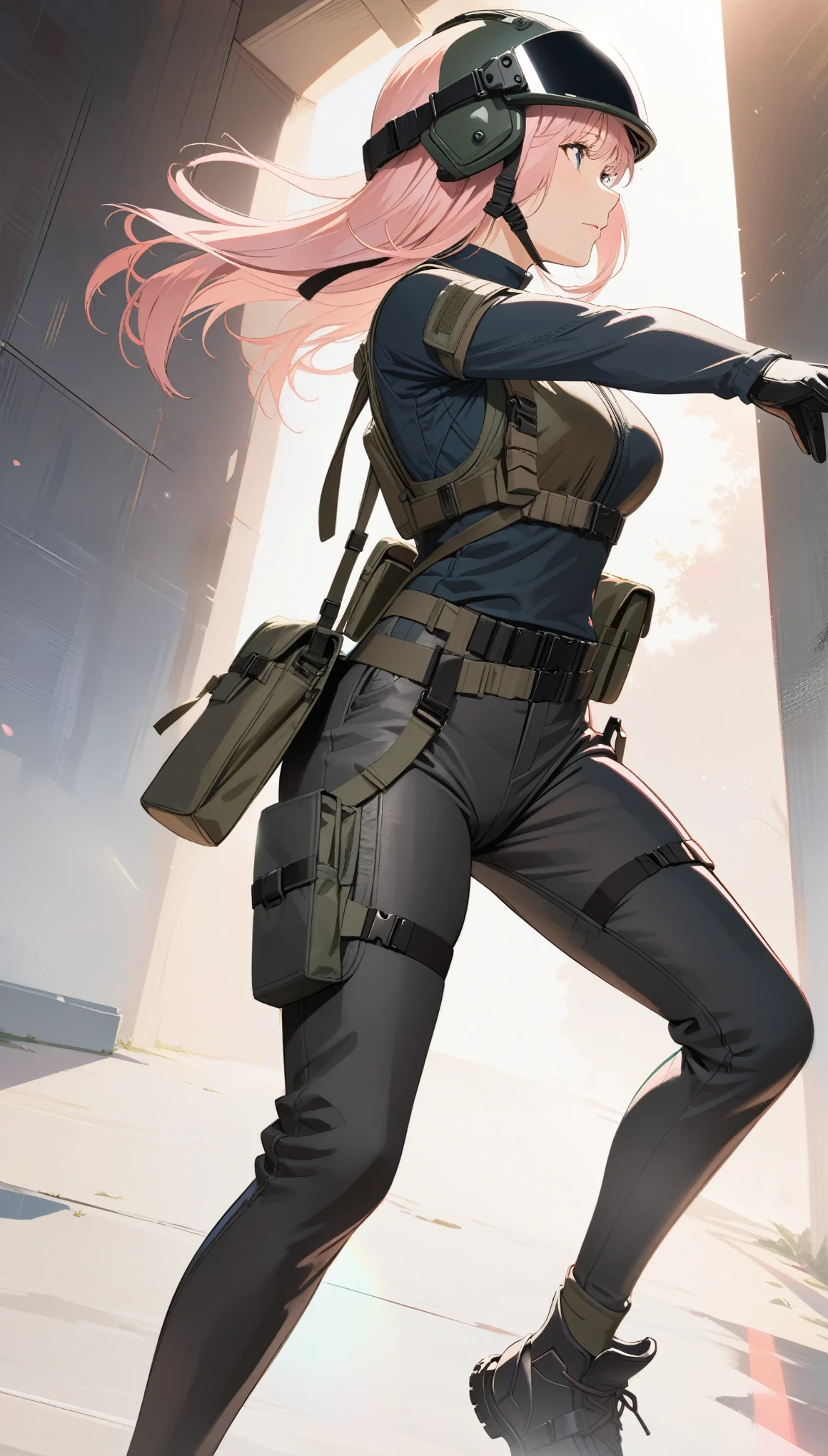 Metal Gear Solid style, (detailed intricate full cover tactical helmet:1.3), (Pink Hair), Cowboy shooting, Dynamic poses, 1 Girl, Solitary, Ray Tracing, (masterpiece), (best quality), (detailed), (detailed tactical gear:1.1), (Body Protectors:1.1), Combat pants, Gloves, (Intricate background:1.1), 