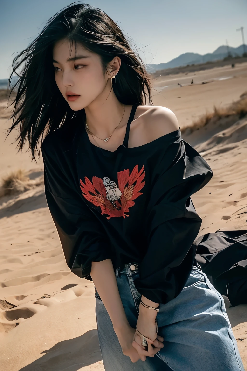 Photo Nostalgia couple of Korean lover, a Korean man with short two block hair, wearing flannel shirts and loose black t-shirts with puzzle text, long-haired Korean woman unraveled exposed to the wind wearing white canal clothes, standing on the sand, standing apart and holding hands, facing each other, strong wind gusts, background only wide desert, long sofa chair, dim light, high quality photos, accurate details, high resolution.