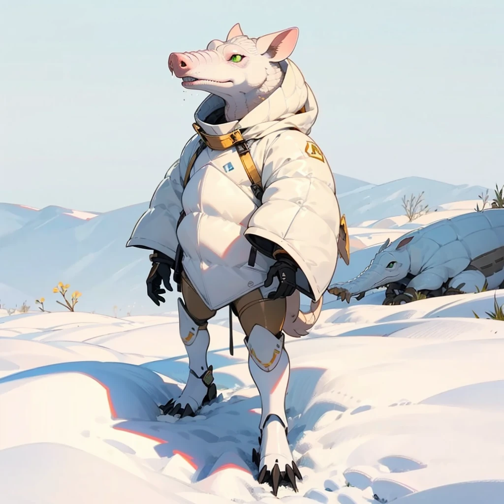 1character, Full body version, white Armadillo mixed with piq, green eyes, gold skins, Grassroots in snow,