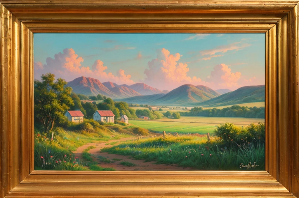 Pastel painting of a rural landscape,
