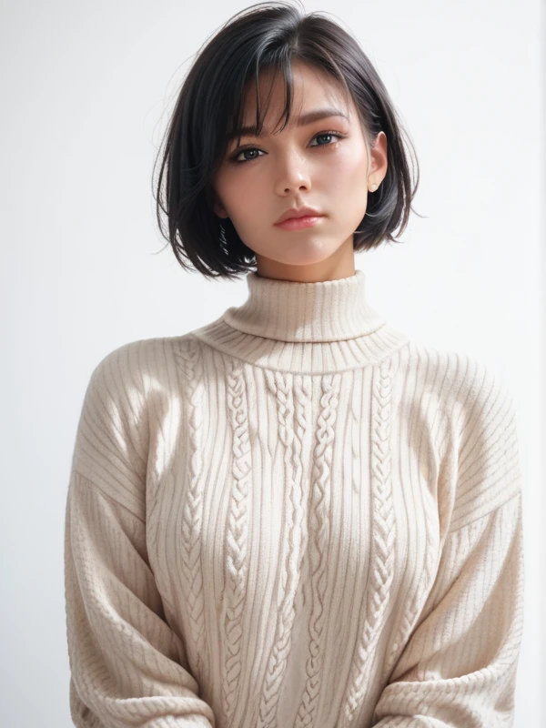,score_9,score_8_up,score_7_up, 20 years old, 8k, hd, beautiful girl, black hair, short hair, straight hair, closed mouth,
1girl, detailed face, beautiful woman's face, sweater, white background, looking at viewer,