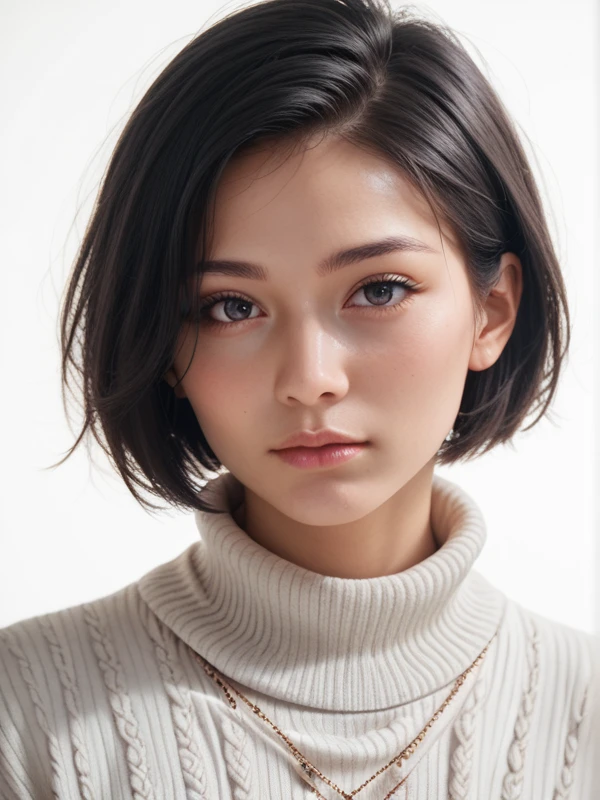 ,score_9,score_8_up,score_7_up, 20 years old, 8k, hd, beautiful girl, black hair, short hair, straight hair, closed mouth,
1girl, detailed face, beautiful woman's face, sweater, white background, looking at viewer,