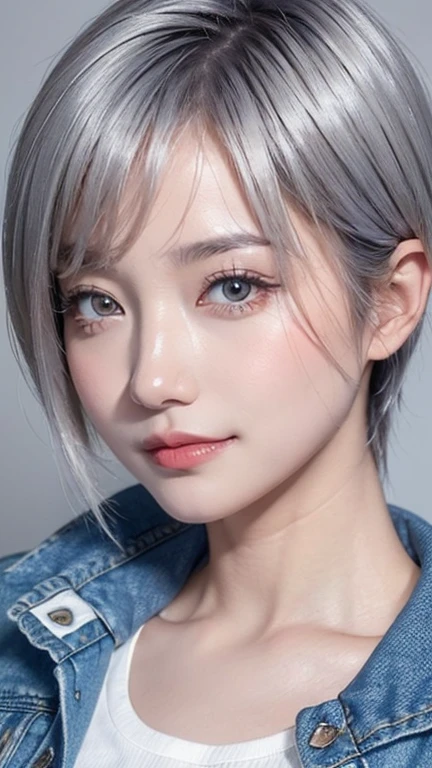 Realistic, masterpiece, highest quality, Highest Resolution, A portrait of a Japanese woman, depicting only the upper body, portrait background, A happy smile, slightly turned to the side, Always watching the audience, Beautifully detailed eyes, Dark Eyes, Looks sleepy, Sparkling eyes, (hidden creased eyelids:1.2), Thin eyebrows, Carefully draw eyelashes, Natural Makeup, (short hair, Silver Hair:1.3), Detailed face, (Close up on face:1.3), ((Denim Jacket), Pure white shirt)