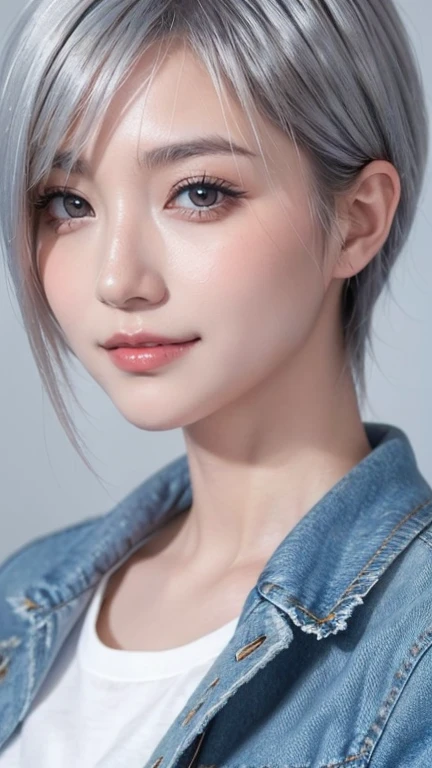 Realistic, masterpiece, highest quality, Highest Resolution, A portrait of a Japanese woman, depicting only the upper body, portrait background, A happy smile, slightly turned to the side, Always watching the audience, Beautifully detailed eyes, Dark Eyes, Looks sleepy, Sparkling eyes, (hidden creased eyelids:1.2), Thin eyebrows, Carefully draw eyelashes, Natural Makeup, (short hair, Silver Hair:1.3), Detailed face, (Close up on face:1.3), ((Denim Jacket), Pure white shirt)