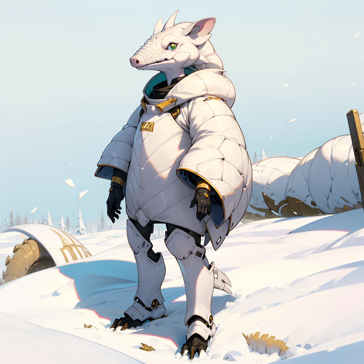 1character, Full body version, white Armadillo mixed with piq, green eyes, gold skins, Grassroots in snow,
