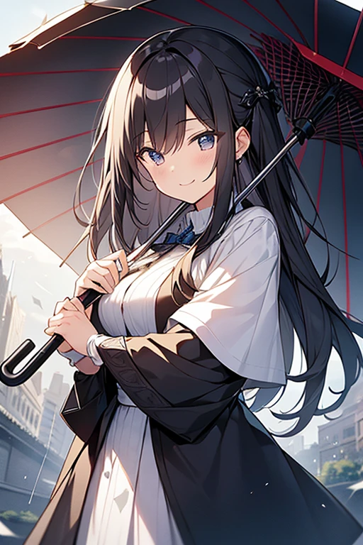 Break,ピエロ,smile,Break she holds an umbrella in left hand.Break {{{masterpiece}}},{best quality},{super detailed},super fine illustration,8k.beautiful background,雨,detailed background,8k quality,ultra quality,ultra detailed,