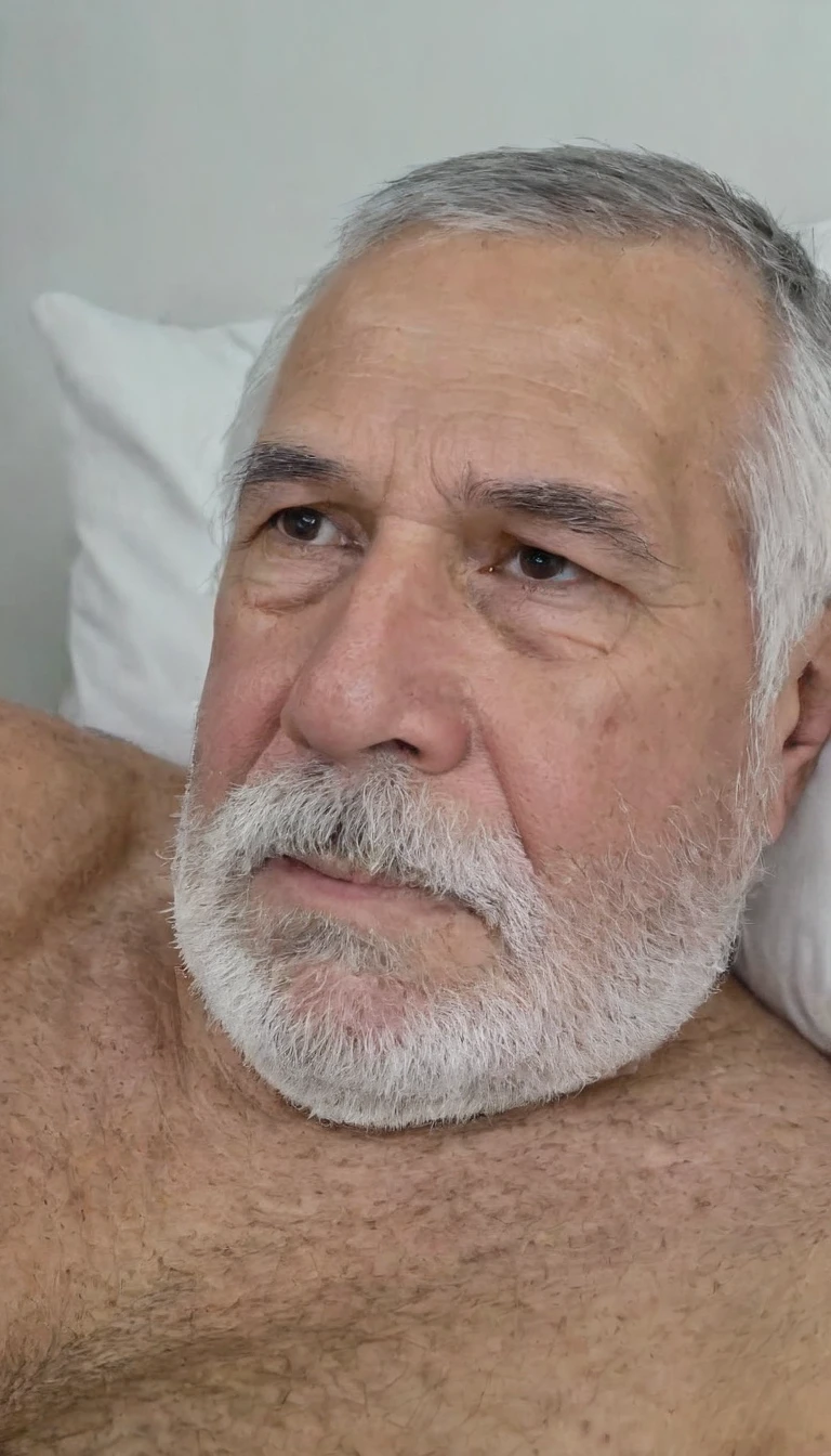 a elderly man 95 years old, naked, (extremely Full long beard, mustache), inflated face, Chubby face, Men's short haircut in the Caesar style, He is kissing his wife on the mouth in bed in a moment of love, front penetration, orgasm, feeling a lot of pleasure in sex, ecstasy, cum, focus in faces, uhd, 4k, masterpierce, high resolution