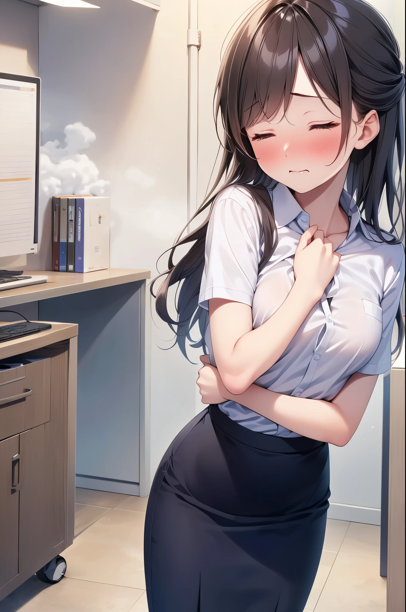 (1 person、alone), Beautiful woman, (Anatomically perfect body, Slender、(OL, office lady:1.2)、((Short sleeve blouse、Best、Pencil Skirt))、 (Look down, face down)、 years old、(Highest quality)、Black Hair, (half updo:1.2), (Inner thighs, Leaning forward:1.1)、(Are standing)、(office)、(8K, High resolution)、(shy:1.4)、small breast, (steam:1.1), (embarrassed:1.3)、High definition face、(Pussy juice:1.2), (Hug your chest), (Close ~ eyes)