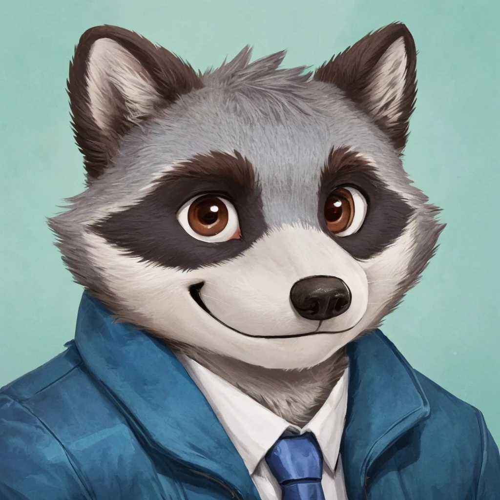 headshot of a cute and grey fur anthropomorphic raccoon, closed smile, he has brown eyes, he's dressed with a blue jacket, high quality furry art, high quality fursona ref.