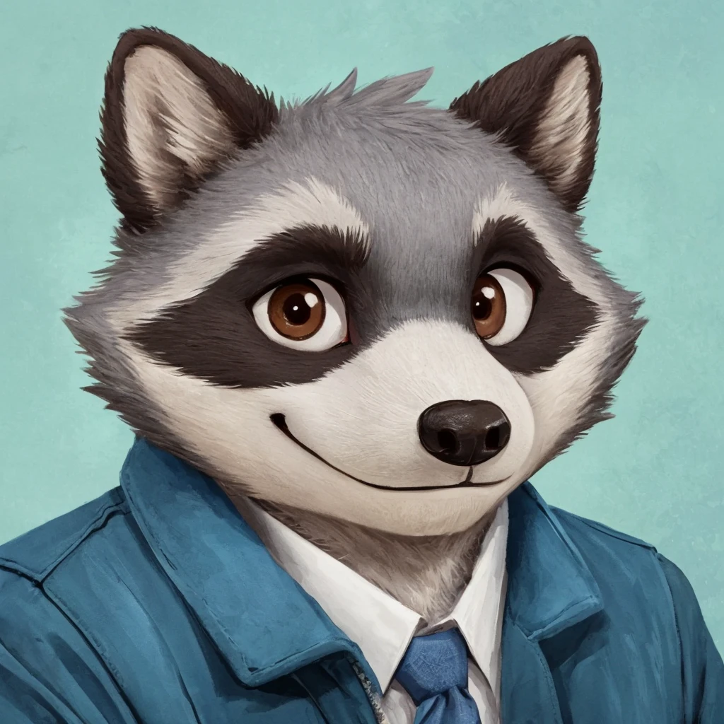 headshot of a cute and grey fur anthropomorphic raccoon, closed smile, he has brown eyes, he's dressed with a blue jacket, high quality furry art, high quality fursona ref.