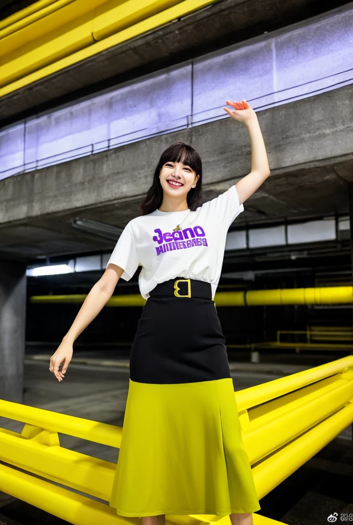 	1.	young woman、T-shirt and long skirt 2.	open arms 3.	Big smile 4.	The color scheme is based on yellow and purple。
	5.	Urban style background、Inside a concrete and glass building。

style:

	• Cyberpunk • High Resolution • Futuristic Lighting • Vibrant Colors Additional Details:

	• The camera angle is from below looking up.。
	• Wear street fashion。
	• Photo-realistic textures。