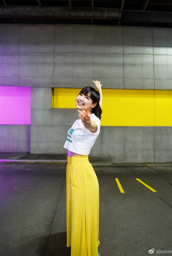 1. young woman、T-shirt and long skirt 2. open arms 3. Big smile 4. The color scheme is based on yellow and purple。
5. Urban style background、Inside a concrete and glass building。
style:
• Cyberpunk • High Resolution • Futuristic Lighting • Vibrant Colors Additional Details:
• The camera angle is from below looking up.。
• Wear street fashion。
• Photo-realistic textures。